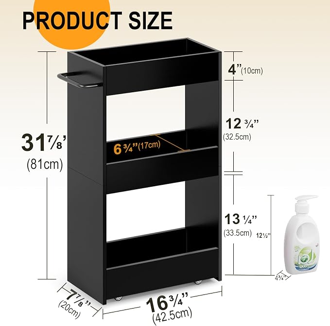 MARTY Wood Rolling Storage Cart 7.9" W, 3 Tier Slim Utility Kitchen Cart on - Image 6