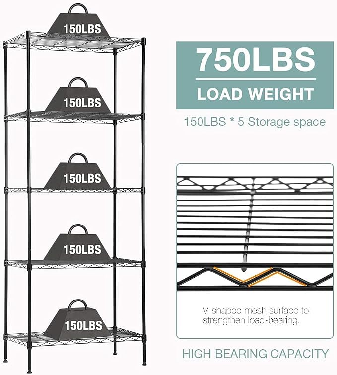 FDW | 5-Tier Wire Shelf | 24" x 14" x 60" | Black | Storage Shelves - Image 5