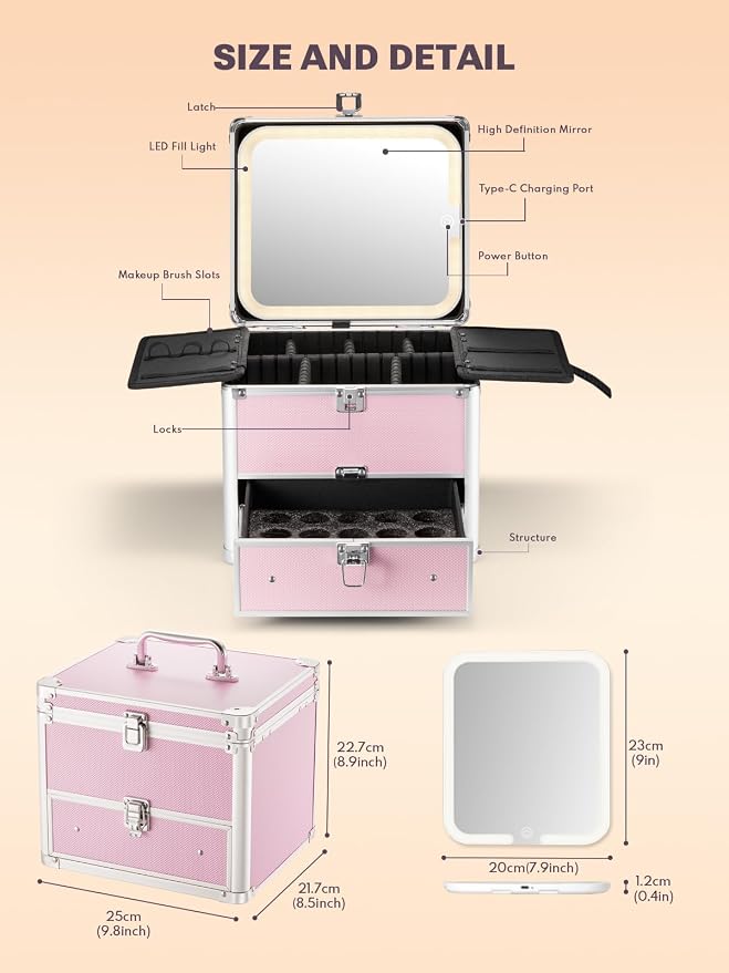 Qislee Makeup Box with Drawer and A Detachable Lighted Mirror, Waterproof - Image 3