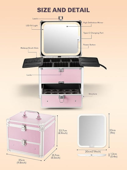 Qislee Makeup Box with Drawer and A Detachable Lighted Mirror, Waterproof - Image 3