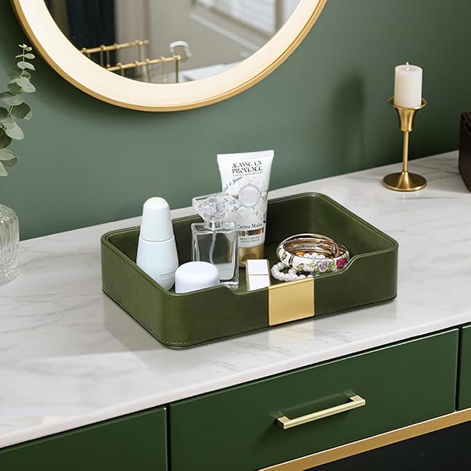 PU Leather Valet Tray with Gold Accent, Decorative Nightstand Organizer Desk - Image 2