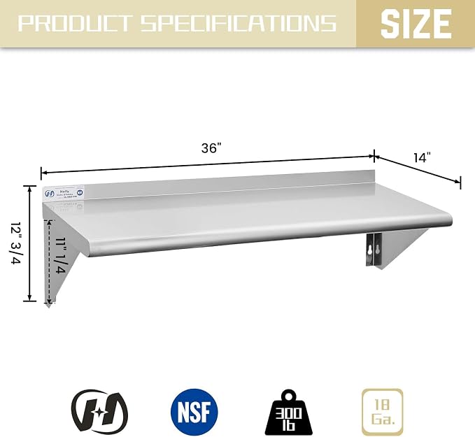 Hally Stainless Steel Shelf 14 x 36 Inches, 300 lb, Commercial Wall Mount - Image 3