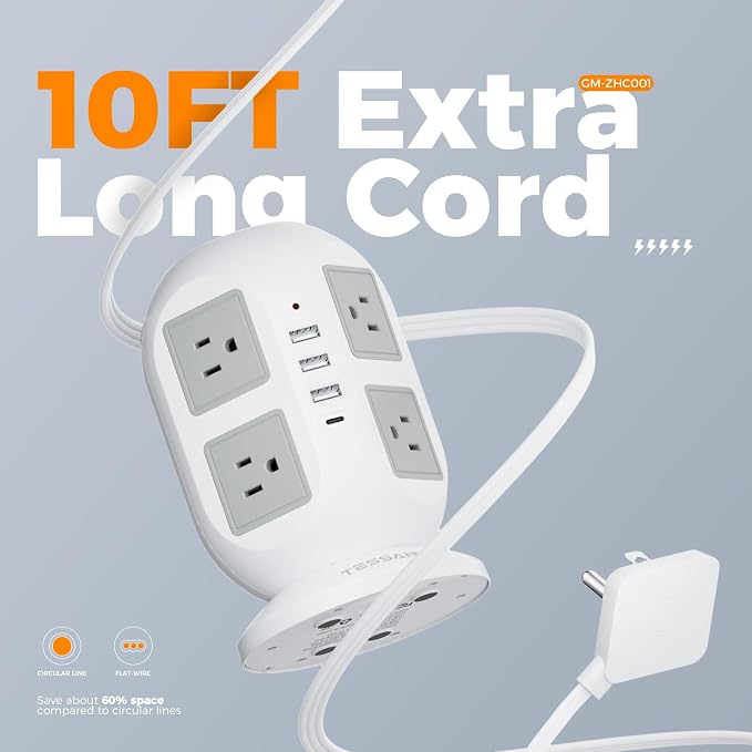 Tower Power Strip Surge Protector 10 Ft, TESSAN Flat Plug Extension Cord - Image 7