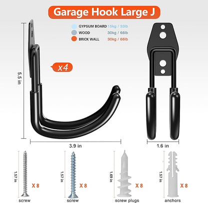 Heavy Duty Garage Hooks 4 Pack, J Shaped Hanger, Wall Mounted Storage System - Image 2