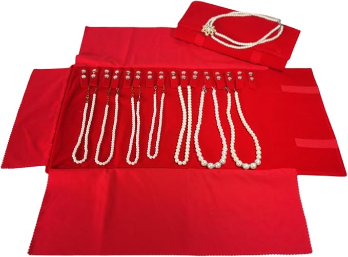 Premium Jewelry Roll Organizer for 16 Necklaces 55cm x 29cm Metal Snap & Velcro by SCIKHEFT