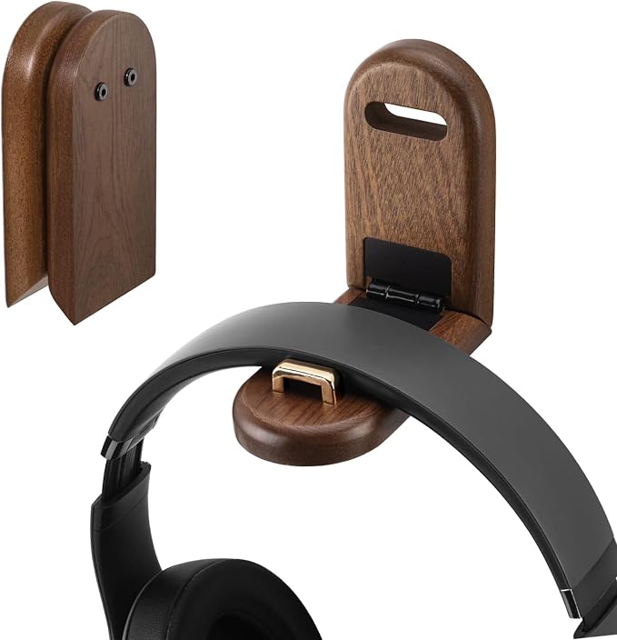 Wood Headphone Stand Wall Mount Holder, Sticky Headset Hook, Under Desk by HEWYIOS