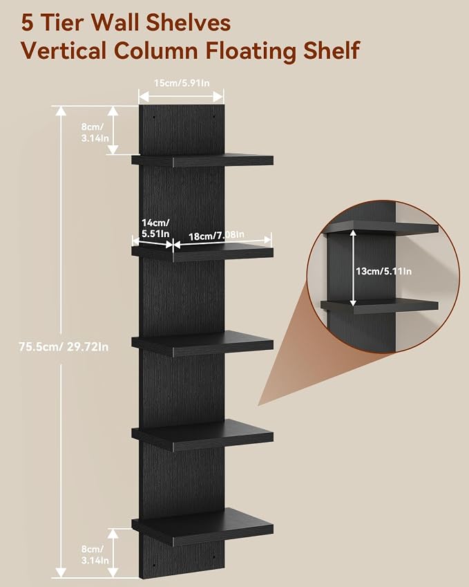 IBUYKE 5 Tier Wall Shelf Unit, Vertical Shelving - Image 3