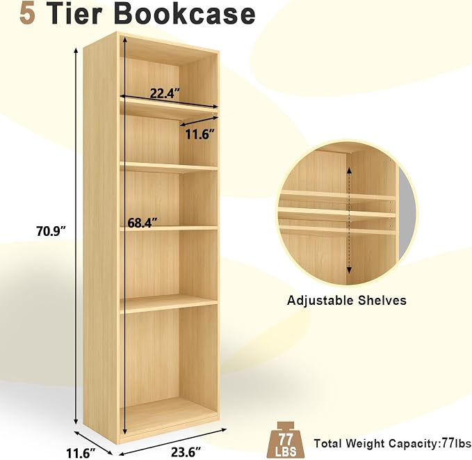 CTESNE【2026 Adjustable Shelves 5-Tier Bookcase, 71 inches, Wooden Open Display - Image 3