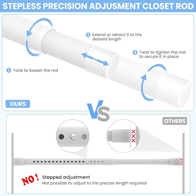 Closet Rods for Hanging Clothes, 17 to 84 Inch Heavy Duty Stepless Adjustable - Image 2