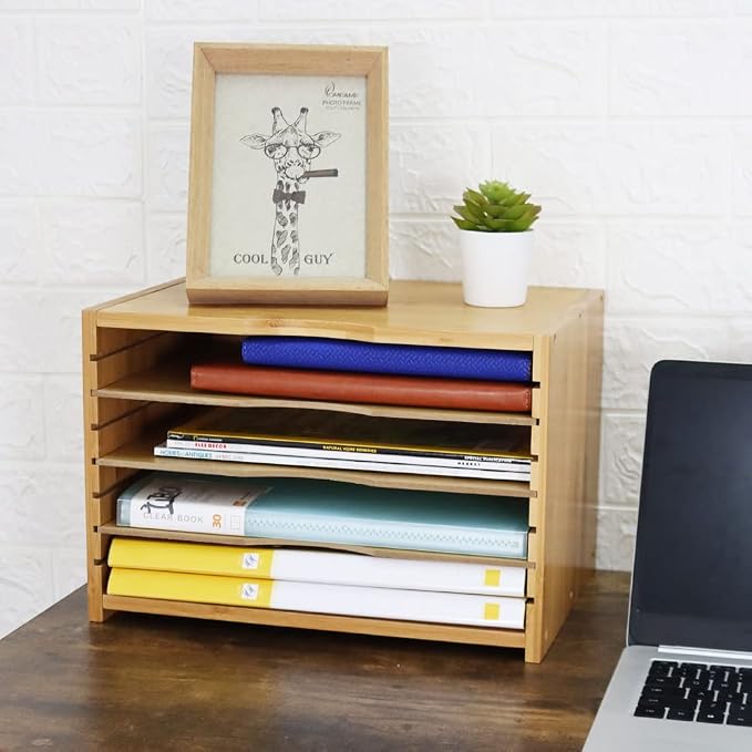 WKWKER File Organizer with 3 Adjustable Shelves Bamboo Document Letter Tray - Image 3