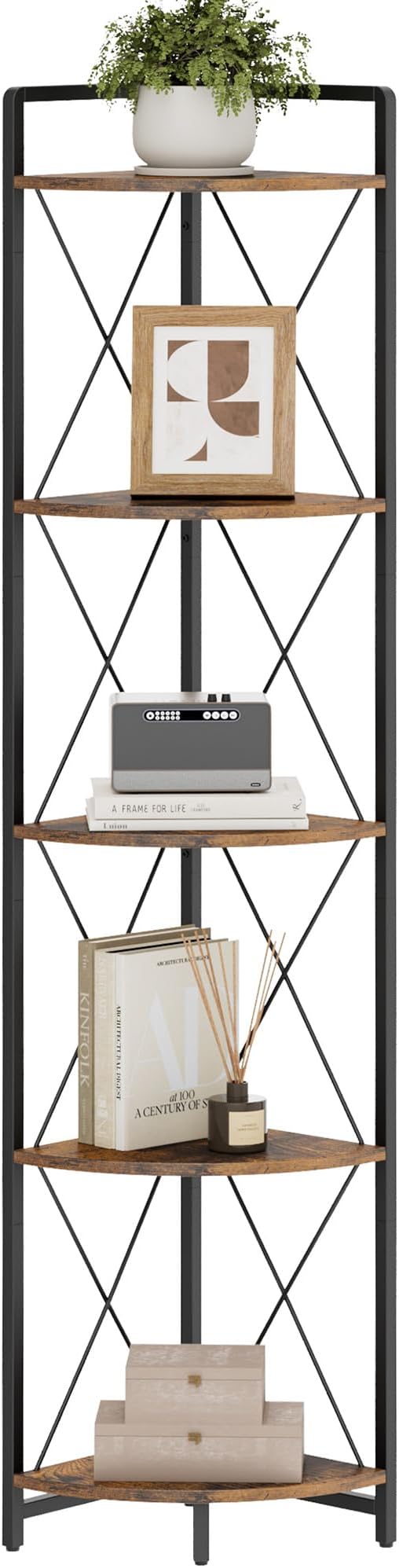 5 Tier Corner Shelf Stand, Rustic Brown | Industrial Metal Corner Shelf - Image 8