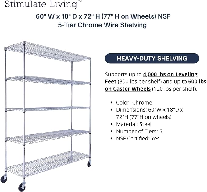 60"x18"x72" PRIME HEAVY DUTY Chrome 5-Tier Wire Shelving 4000 LBS MAX Capacity - Image 4