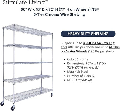 60"x18"x72" PRIME HEAVY DUTY Chrome 5-Tier Wire Shelving 4000 LBS MAX Capacity - Image 4