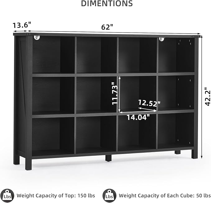 Joaxswe 12 Cube Storage Organizer, Farmhouse 62 Inch Wide Black Oak Display - Image 3