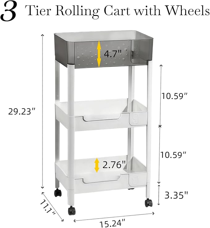 3 Tier Rolling Cart with Wheels 4.7'' Deep Baskets Bathroom Storage Shelf Heavy - Image 5