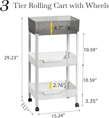 3 Tier Rolling Cart with Wheels 4.7'' Deep Baskets Bathroom Storage Shelf Heavy - Image 5