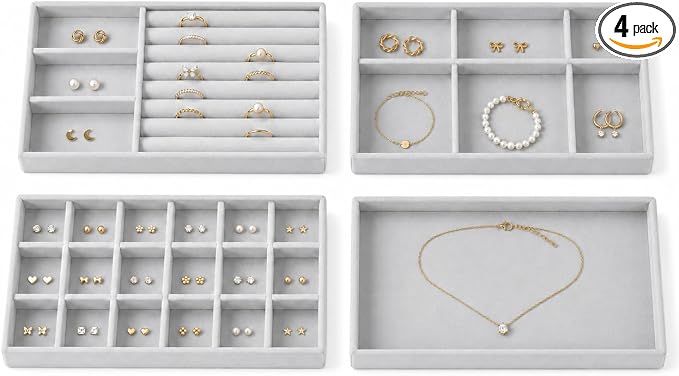 4 Pack Stackable Jewelry Organizer Tray Set by FIFILLION