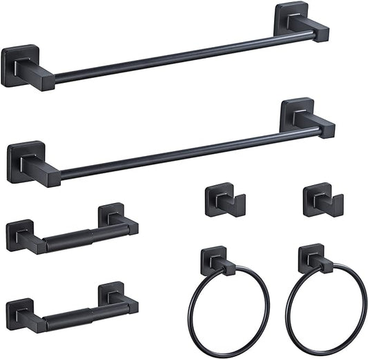 Matte Black Bathroom Hardware Set 8 Pieces, Towel Bar Set Stainless Steel Wall by bluebyrne