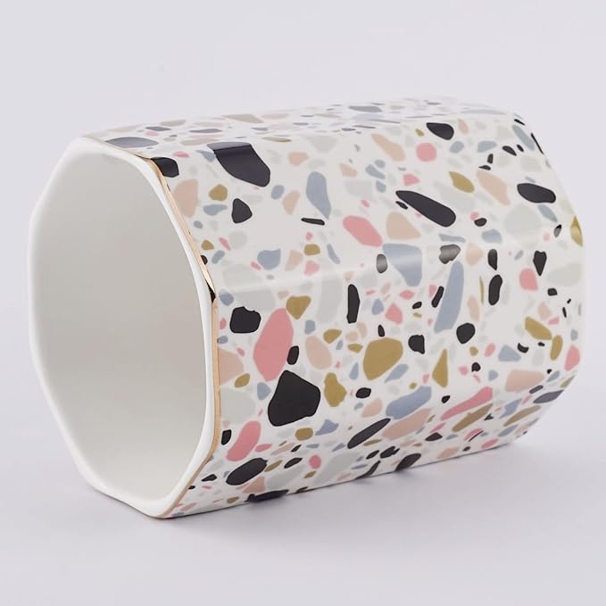 Pen Holder, Makeup Brush Holder Ceramic Shiny Gold Terrazzo Marble Stone - Image 4