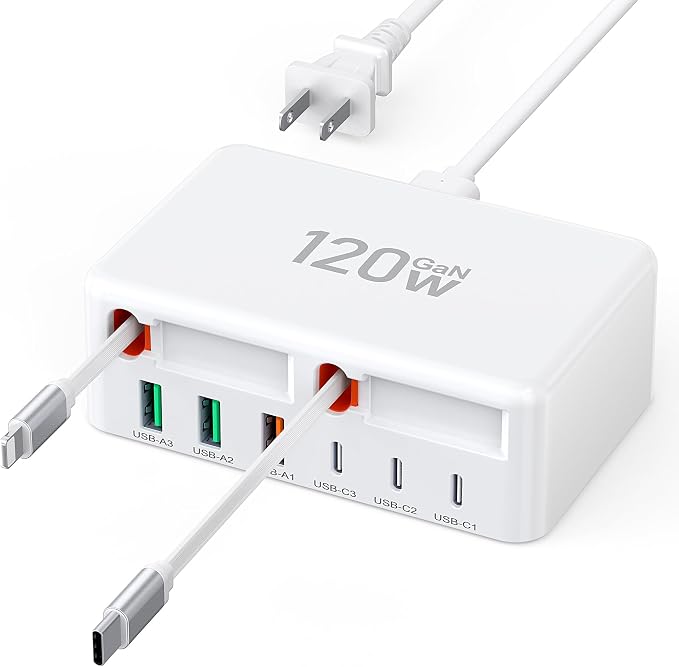 Upgraded 8-in-1 Retractable USB C Charger Block, 120W GaN Multi Charging by BREEKET