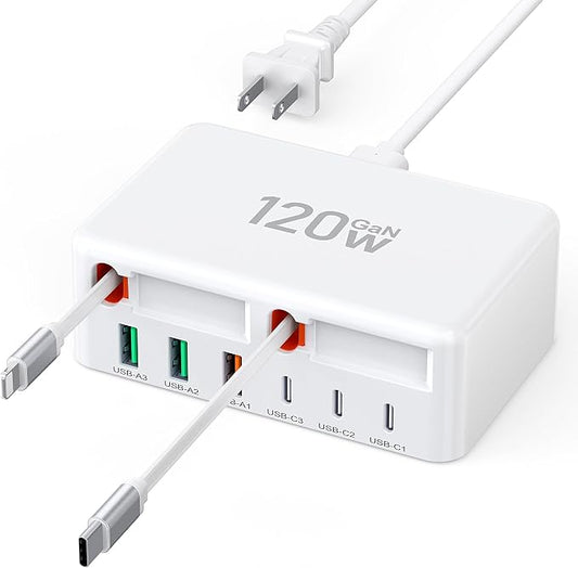 Upgraded 8-in-1 Retractable USB C Charger Block, 120W GaN Multi Charging by BREEKET