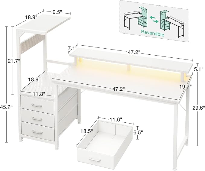 AODK 59 Inch Gaming Desk with USB Charging Ports & LED Light- Reversible - Image 3