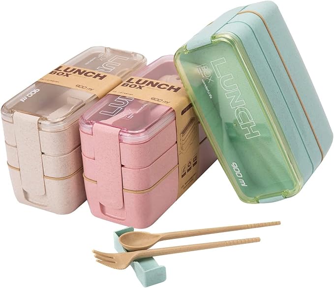 Rarapop 3 Pack Stackable Bento Box Adult Japanese Lunch Box Kit by Rarapop