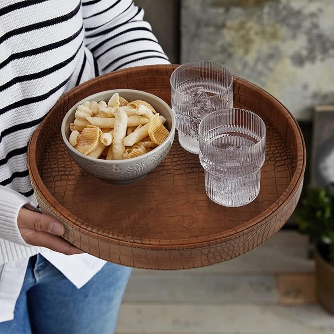 HofferRuffer Faux Leather Round Serving Tray, Vegan Croco Leather Decorative - Image 5
