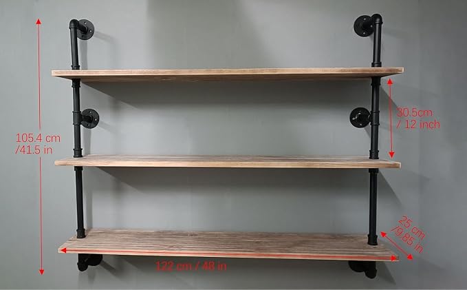HDDFER Industrial Pipe Floating Shelves, 48 Inch Rustic Wood Wall Shelf | Real - Image 2