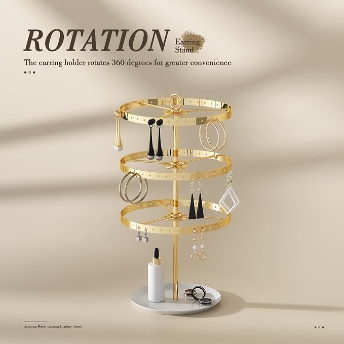 3 Tiers Earring Holder Organizer, Metal Rotating Earring Stand Adjustable - Image 6