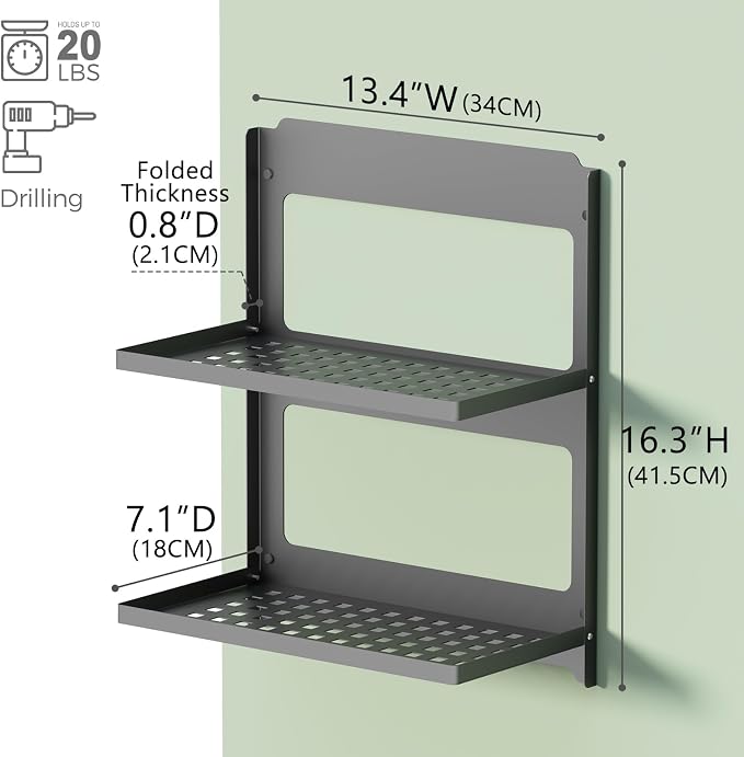 2-Tier Folding Metal Shelf Wall Mounted | Small Foldable Wall Shelf | Dorp Down - Image 2
