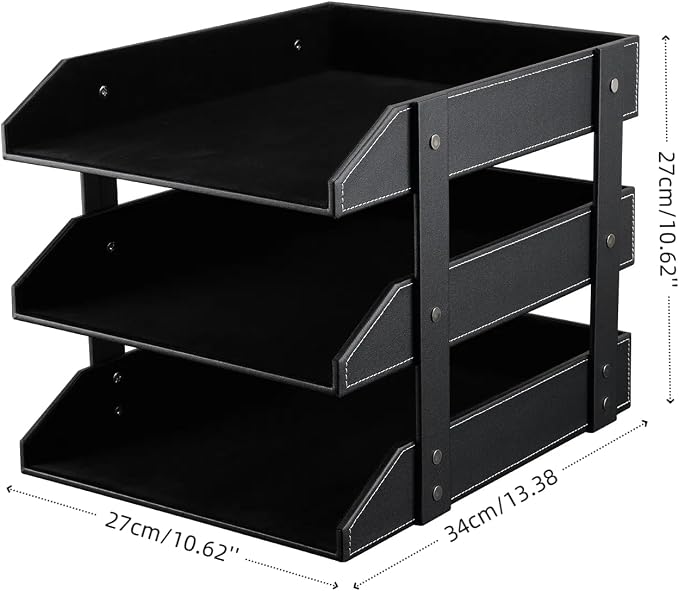 KINGFOM Letter Tray, Leather Paper Organizer Tray, Wooden Desk File Holder - Image 2