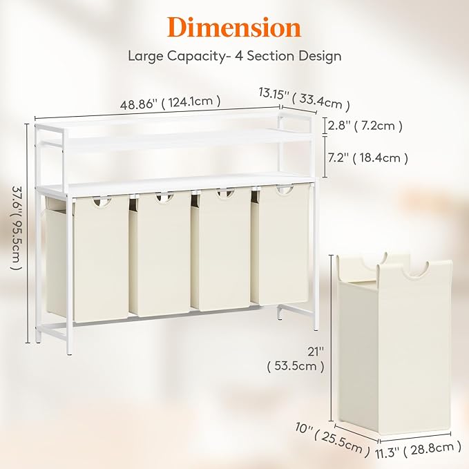 Lifewit Laundry Hamper 4 Section, 168L Pull out Laundry Clothes Basket Organizer - Image 3