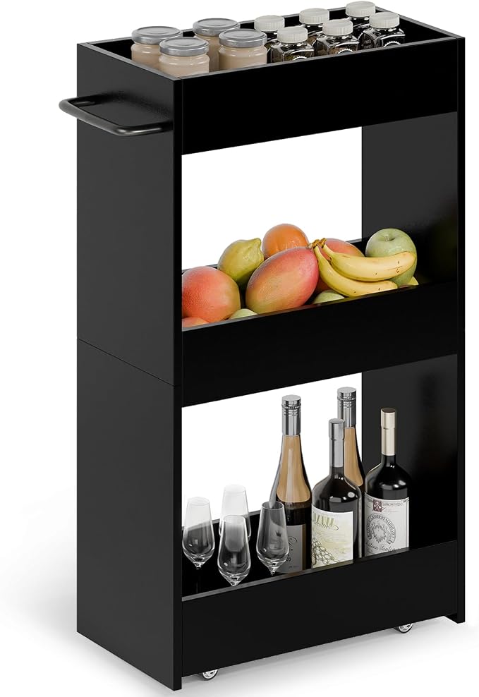 MARTY Wood Rolling Storage Cart 7.9" W, 3 Tier Slim Utility Kitchen Cart on by MARTY