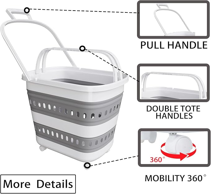 Folding Laundry Basket with Wheels Handle Collapsible Plastic Hamper 38L - Image 3