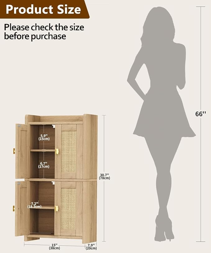 Akxomel 15" Rattan Small Bathroom Cabinet 4 Doors Adjustable Shelf Oak | - Image 2