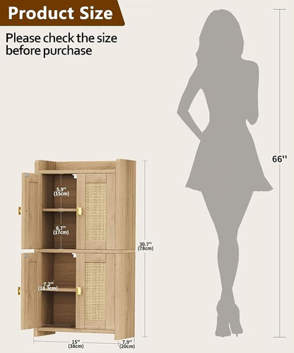Akxomel 15" Rattan Small Bathroom Cabinet 4 Doors Adjustable Shelf Oak | - Image 2