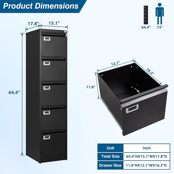 5-Drawer File Cabinet, 16.3" Deep Vertical Metal Filing Cabinet - Image 3