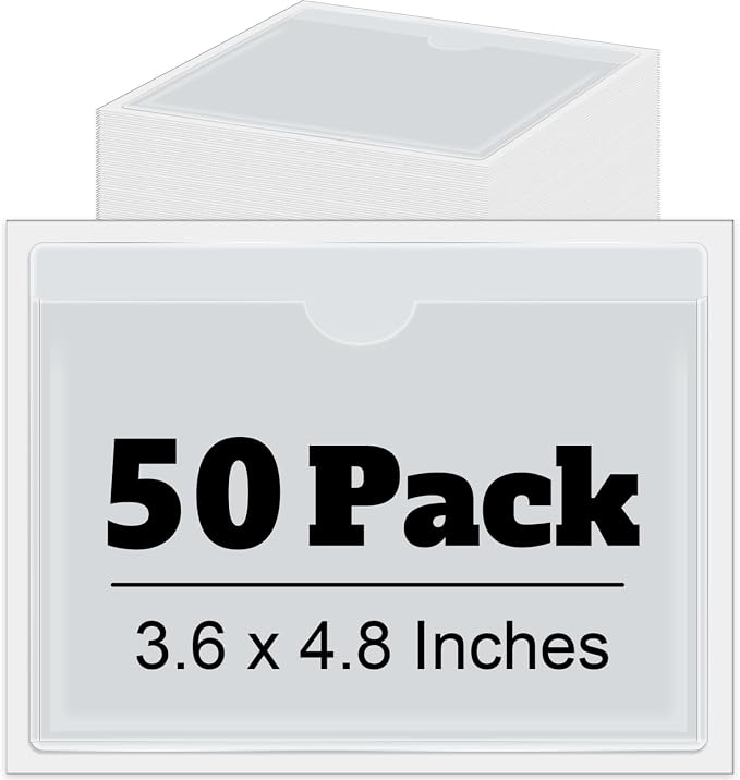 Chinco 50 Pack 3" x 4.5" Clear Adhesive Pockets, Index Card Pockets by Chinco