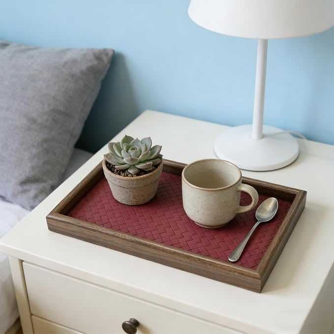Wooden Valet Tray with Leather Base, EDC Catch All Tray Nightstand Entryway - Image 5