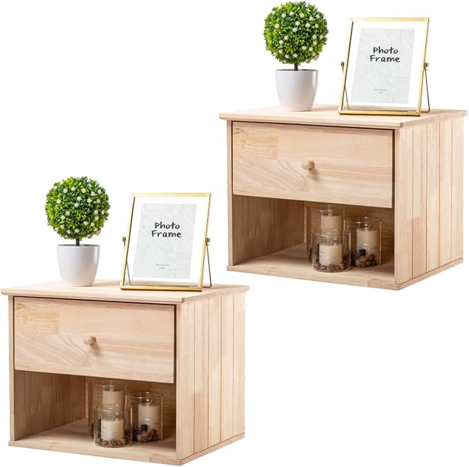 VINGLI Unfinished Natural Solid Wood Floating Nightstand by VINGLI