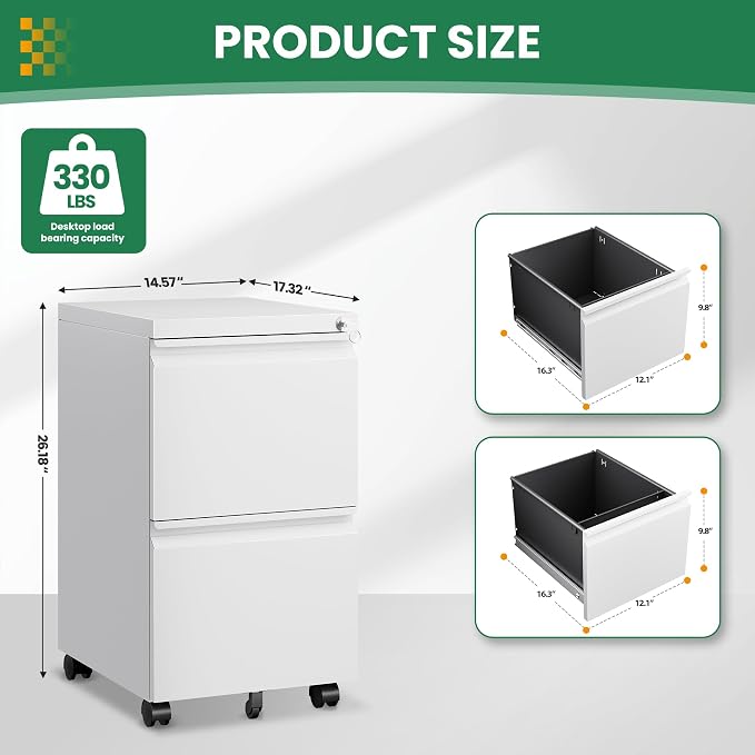 Mobile File Cabinet with Lock, 2 Drawer Under Desk Filing Cabinet with Wheels - Image 3
