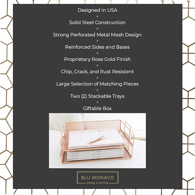 BLU MONACO Rose Gold Mesh Paper Tray – Set of 2 Stackable Letter Trays – - Image 3