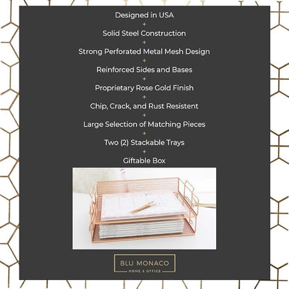 BLU MONACO Rose Gold Mesh Paper Tray – Set of 2 Stackable Letter Trays – - Image 3