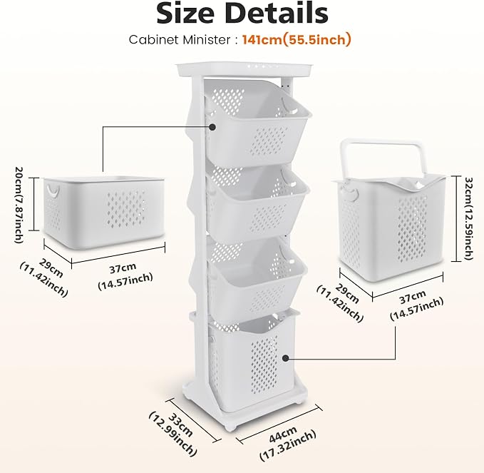 BAOKALER 4-Tier Laundry Hamper Sorter, Vertical Rolling Laundry Baskets - Image 2