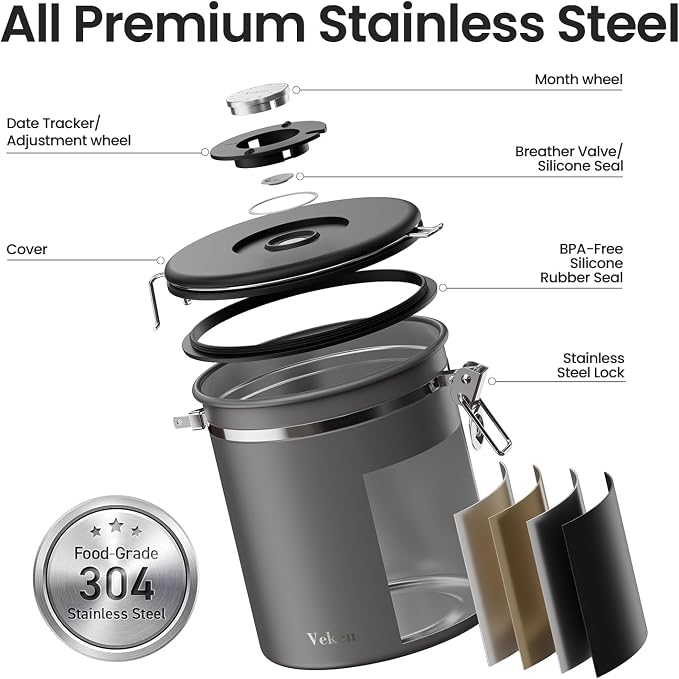 Veken Coffee Canister, Airtight Stainless Steel Kitchen Food Storage Container - Image 4