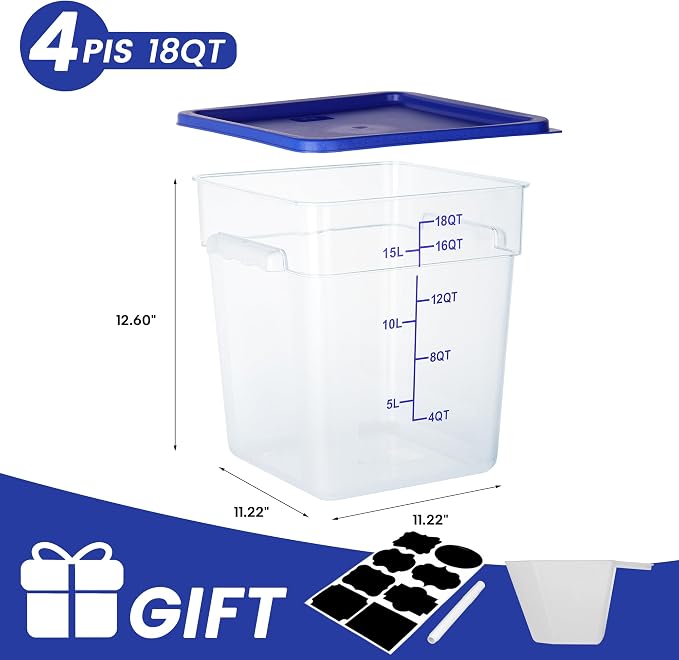 4 Pack Food Storage Containers, 18 Quart Square Commercial Food Containers - Image 2