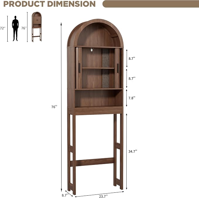 Arched Over The Toilet Storage Cabinet, Walnut Freestanding Bathroom Organizer - Image 2