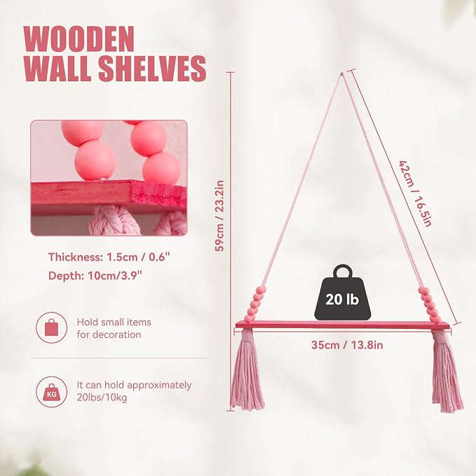 Artilady Macrame Hanging Wall Shelf, Wood Plant Shelf, Crystal Candle Holder - Image 3