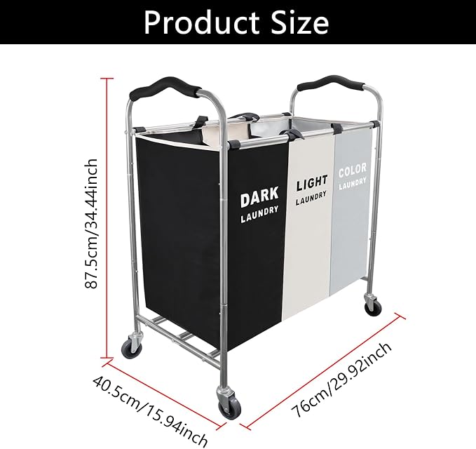 Laundry Sorter 3 Section, 240L Large Laundry Cart - Image 5